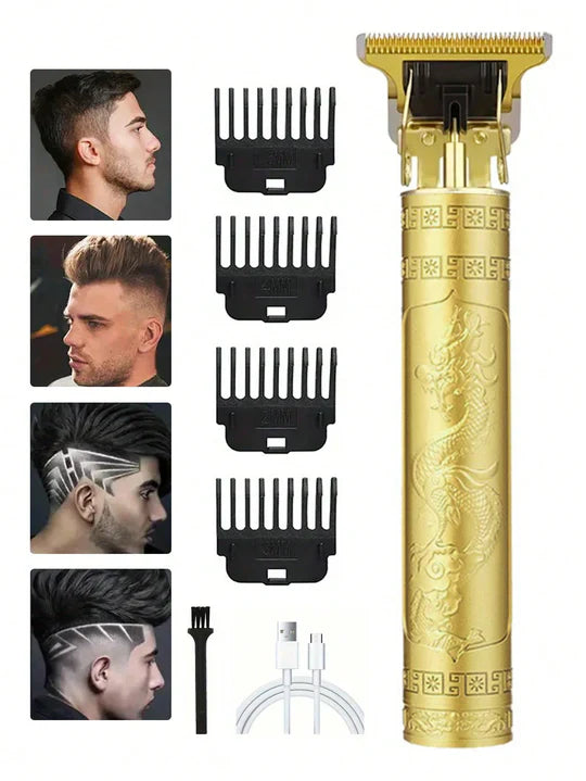 Professional Men's Hair Clipper Kit – Dragon Design in Golden, Black & Copper, Rechargeable with 400mAh Lithium Battery