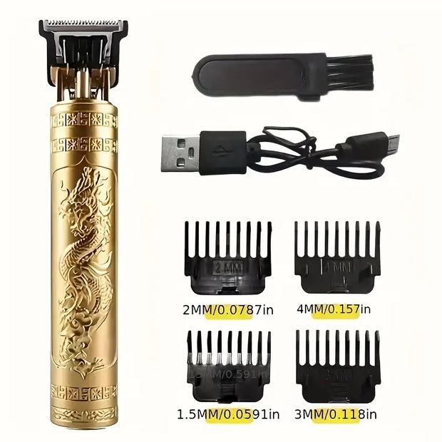 Professional Men's Hair Clipper Kit – Dragon Design in Golden, Black & Copper, Rechargeable with 400mAh Lithium Battery